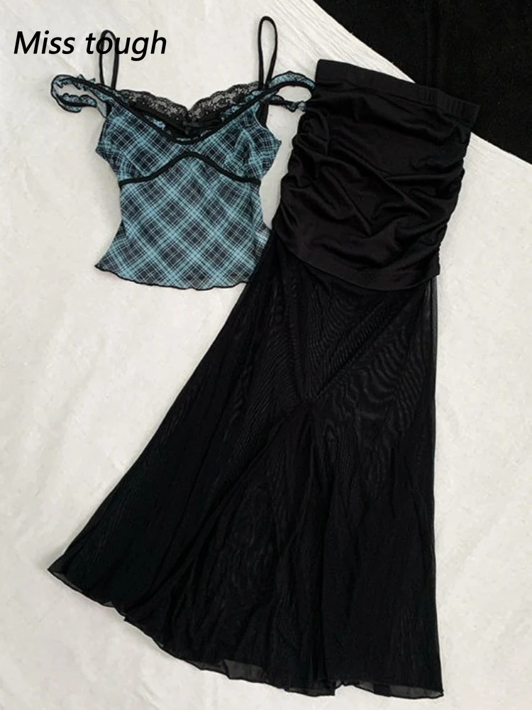 

Sexy Blue Plaid Spaghetti Top Black Mesh Long Skirt Set Women Y2K Slim Gothic Girl Streetwear Fashion Retro Two Piece Outfit New