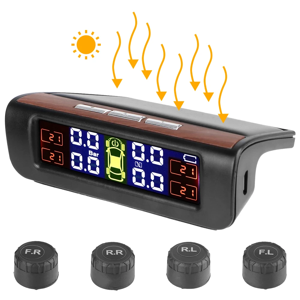 

0-3,5 бар монитор давления в автомобильных шинах солнечный USB TPMS с 4 внешними датчиками система контроля давления в автомобильных шинах T12