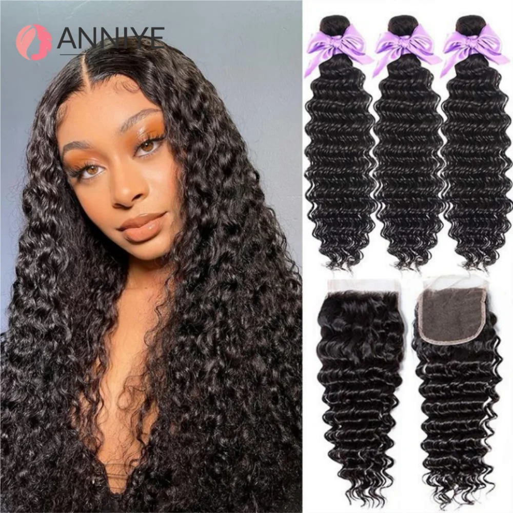 

Raw Indian Deep Wave 3 Bundles With 4x4 HD Lace Closure Frontal Human Hair Double Weft Natural Color Hair For Black Women ANNIYE