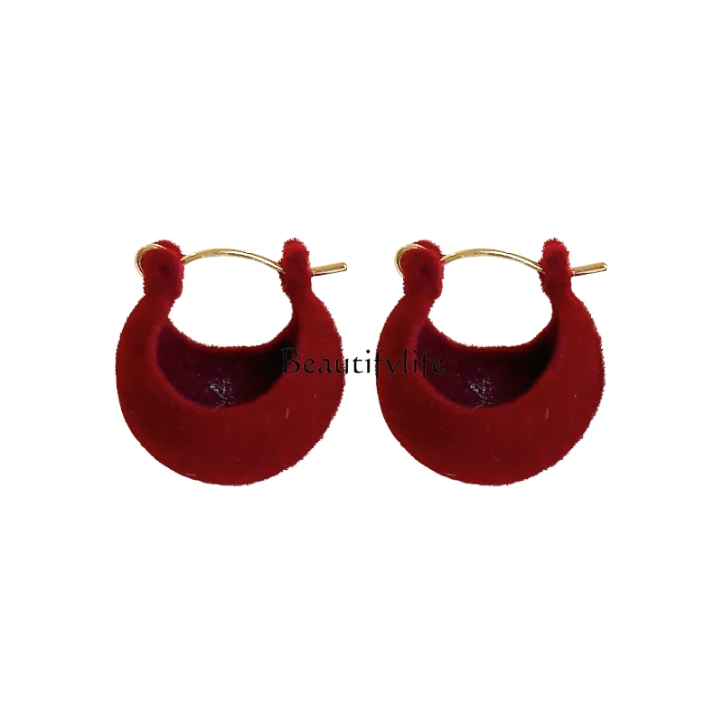 

Red Earrings Autumn and Winter High-Grade Plush Velvet Stud Earrings National Style New Year Earrings for Women