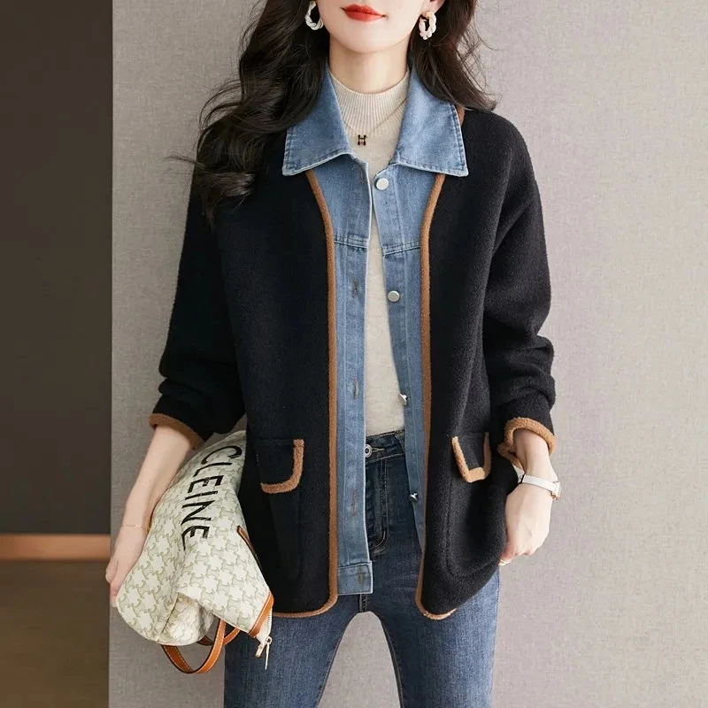 

2025 Autumn New Fashion Korean Version Slimming Versatile Temperament Denim Splicing Fake Two-Piece Woolen Jacket For Women