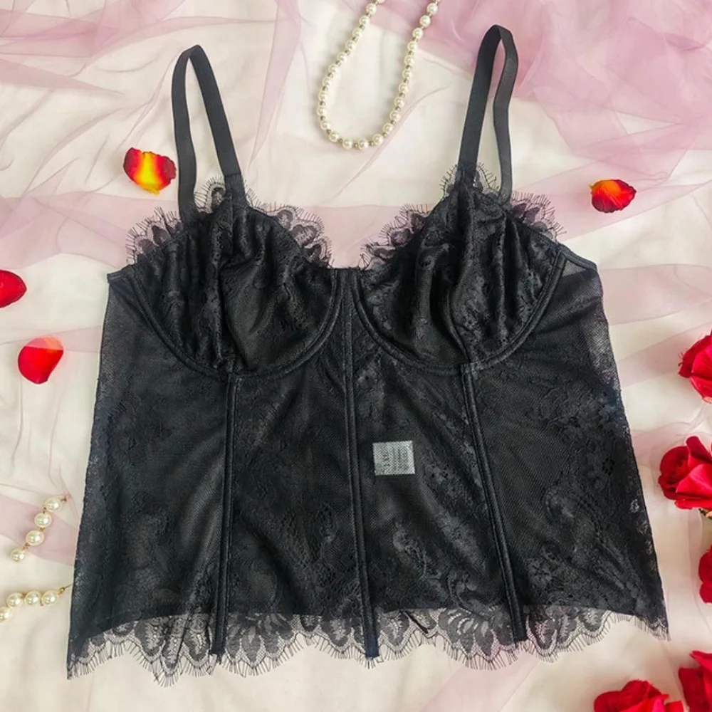 

Elegant Simple Hollow Large Lace Camisole 1XL-4XL Transparent Big Size Lace Corset Slim Fit Tanks Lace Crop Tops Ladies