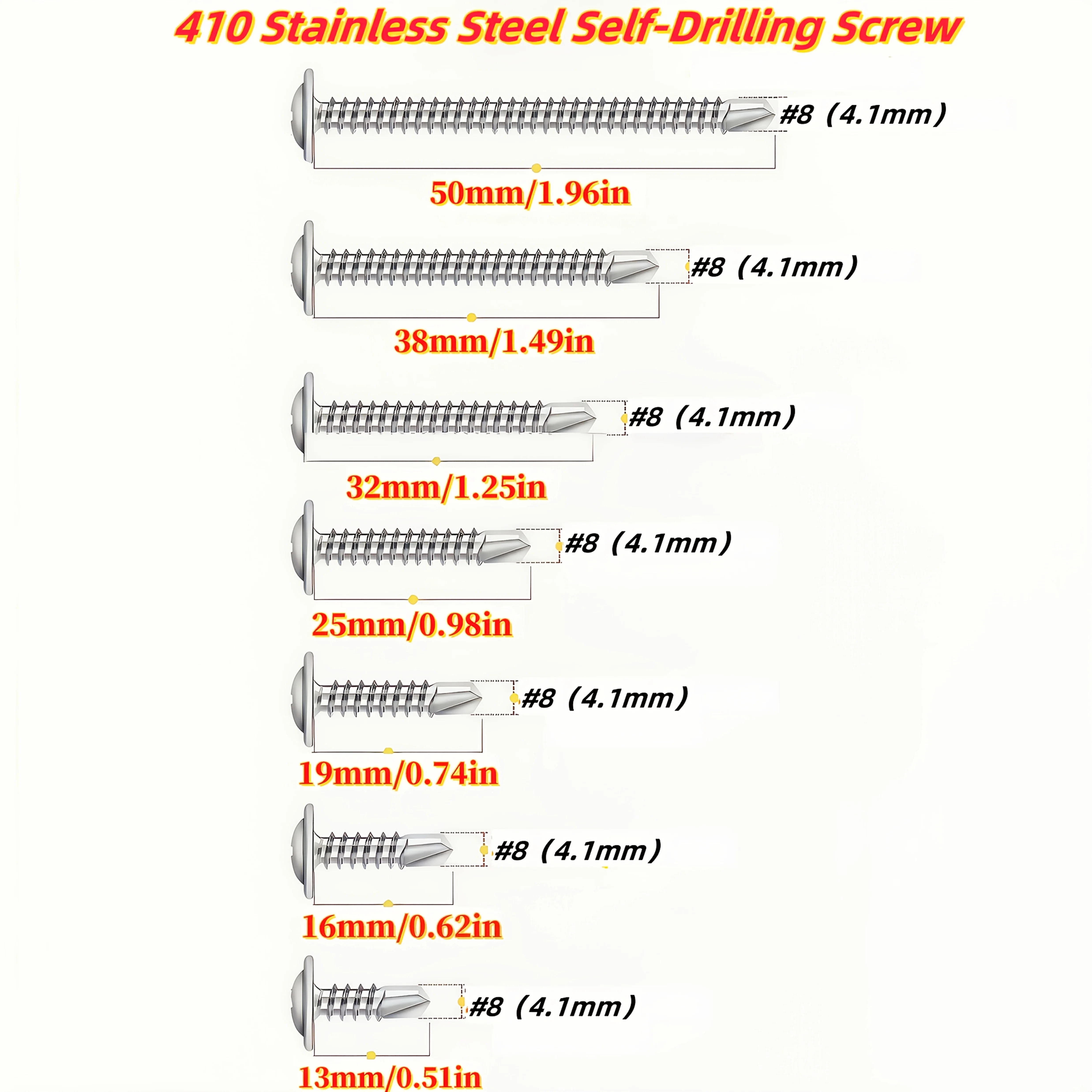 49pcs 410 Stainless Steel Truss Head TEK Self-Drilling Screws, #8 Metal/Furniture Sheet Wood, 1/2''(13mm) to 2''(50mm),