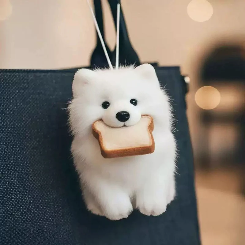 Nowy Brelok Samojed z Chlebem Pluszowa Zabawka Uroczy Mały Piesek Pluszowy Wisiorek do Torby Super Uroczy Wisiorek