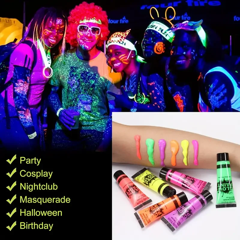 6 Color 25ml UV Neon Face Body Paint Neon Fluorescent Glow Safe Body paint For Festivals Parties Halloween Makeup Festival Party