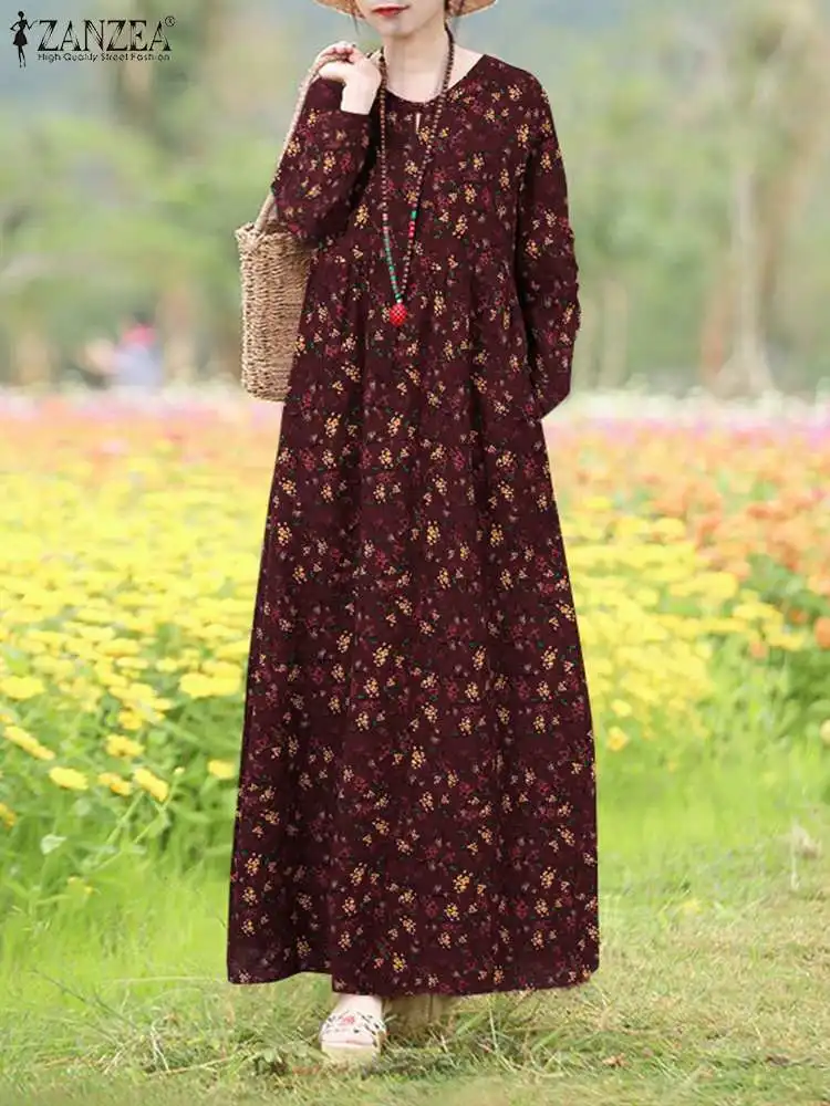 ZANZEA Long Sleeve Vintage Long Robes Casual Loose Elegant High Waist O neck Vestidos Floral Print Holiday Women Maxi Dress