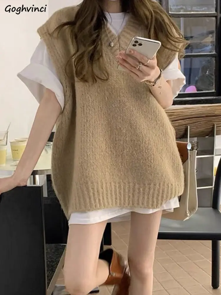 

Sweater Vests Women Knitted Korean Style Casual Lazy Ladies Temperament Solid All-match Fashion Classic Ulzzang Spring Vintage