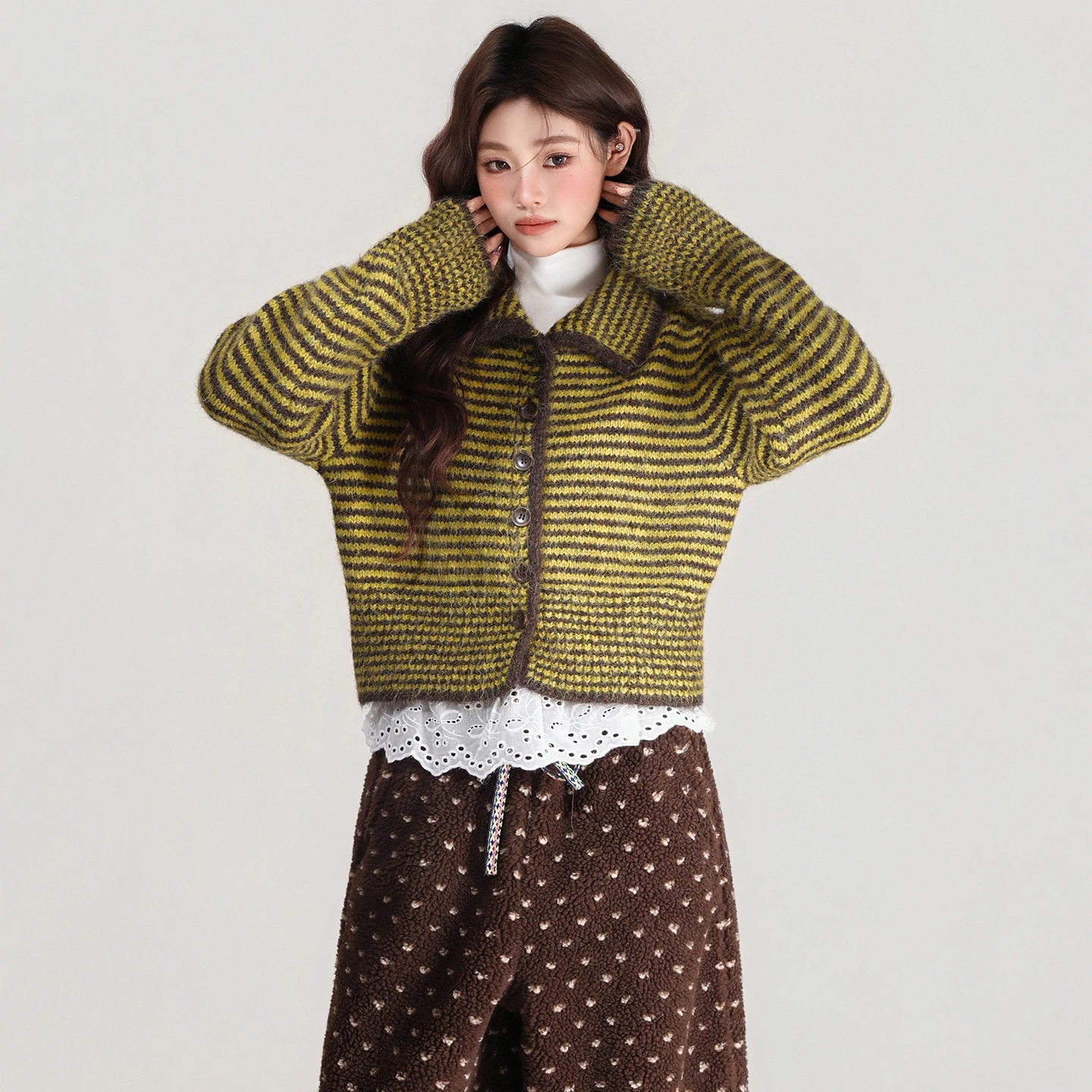 Suéter de punto a rayas con cuello POLO, manga larga, otoño e invierno, nueva chaqueta cárdigan, Top perezoso para mujer