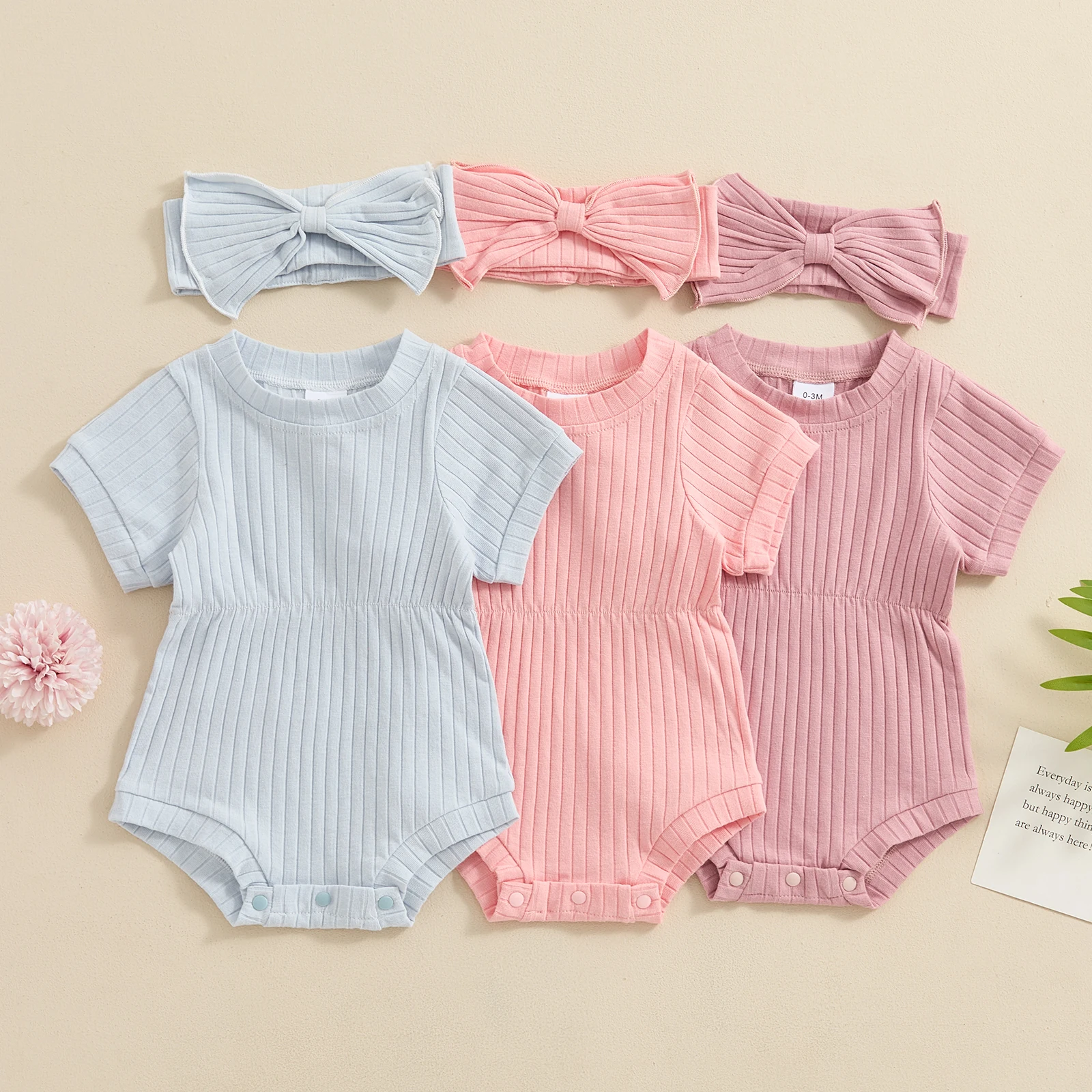 

Summer Baby Girl Sweety Rompers Short Sleeve Crew Neck Solid Color Ribbed Knit Bodysuit with Bowknot Headband Clothes Sunsuits