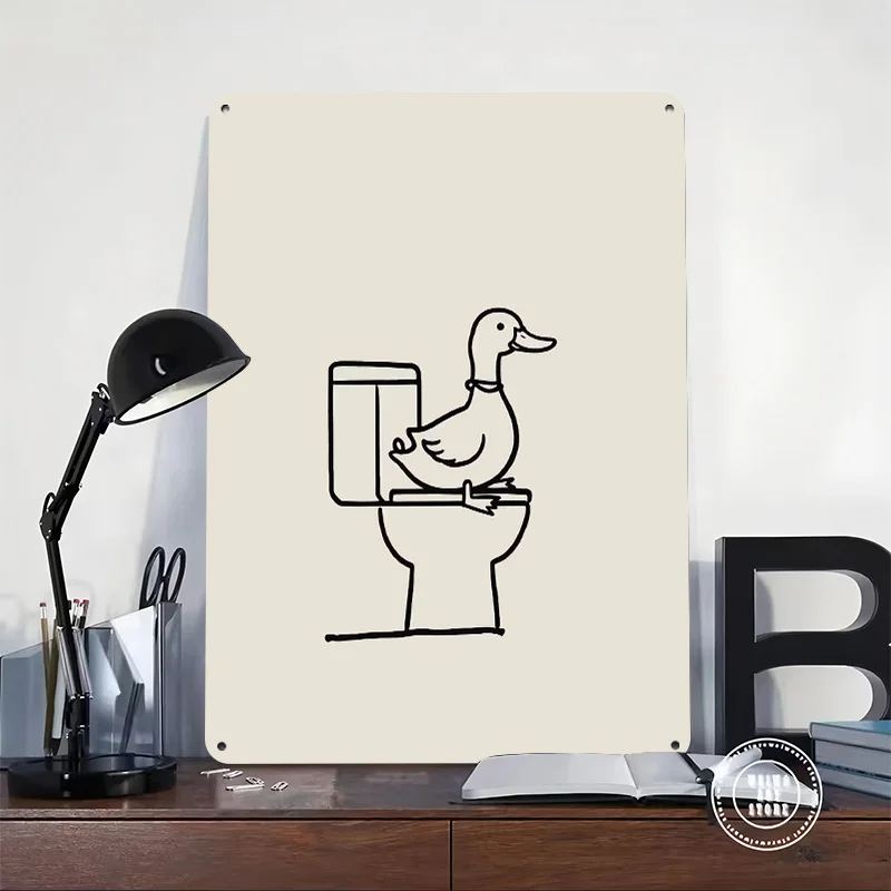 Duck on a Toilet Bathroom Funny Animal Personalized 3D Textured Metal Poster Wall Art Tinplate Sign for Home Decoration Gaming