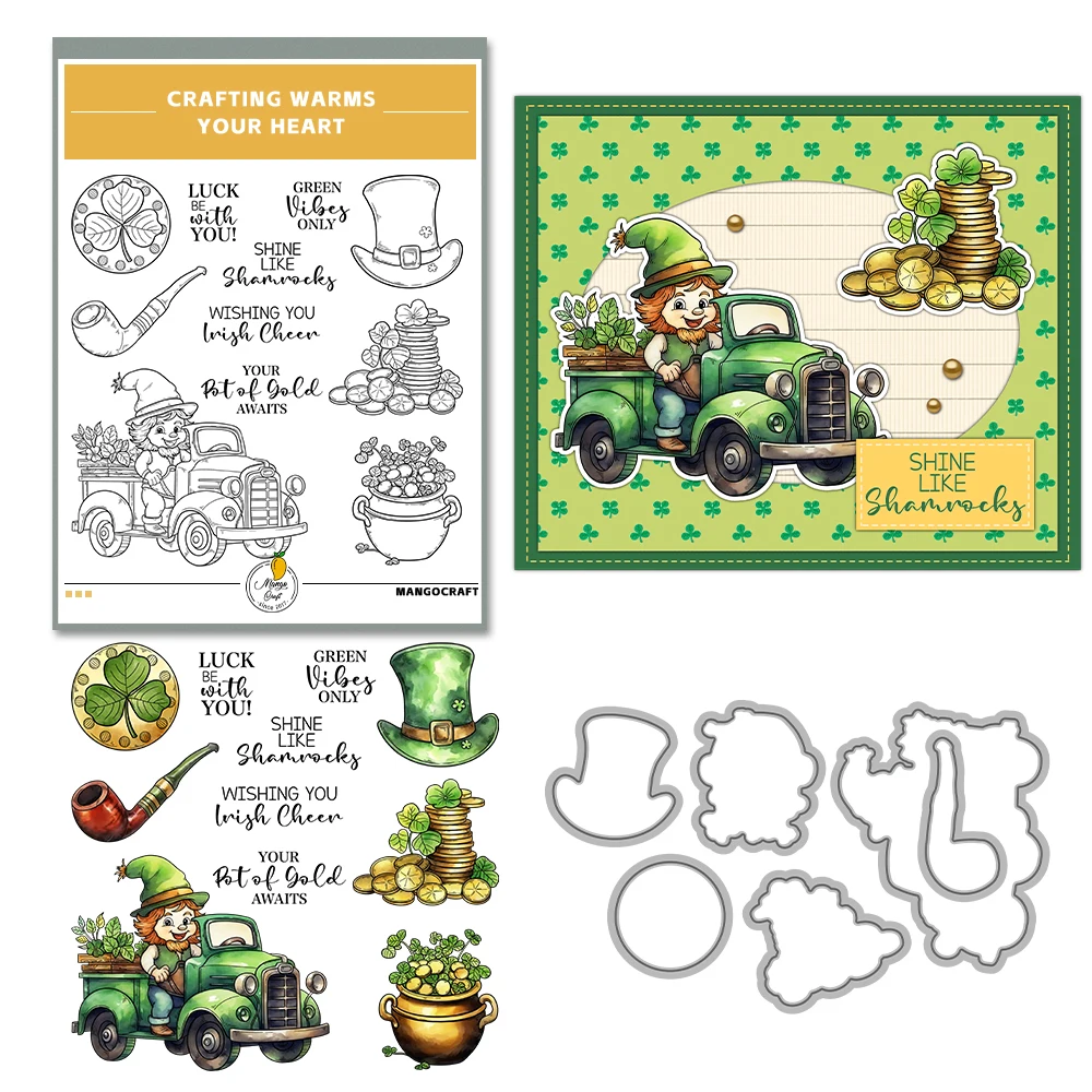 Mangocraft ST. Patrick Day Gnome Coins Car Cutting Dies Clear Stamp DIY Scrapbooking Metal Dies Silicone Stamp For Card Albums