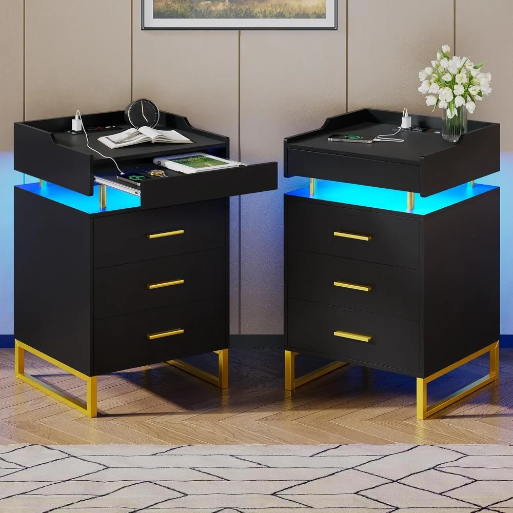 LED Nightstand Set of 2 with Charging Station, Night Stand with 3 Drawers and 1 Pull-Out Tray, Modern End Table with Storage, Be
