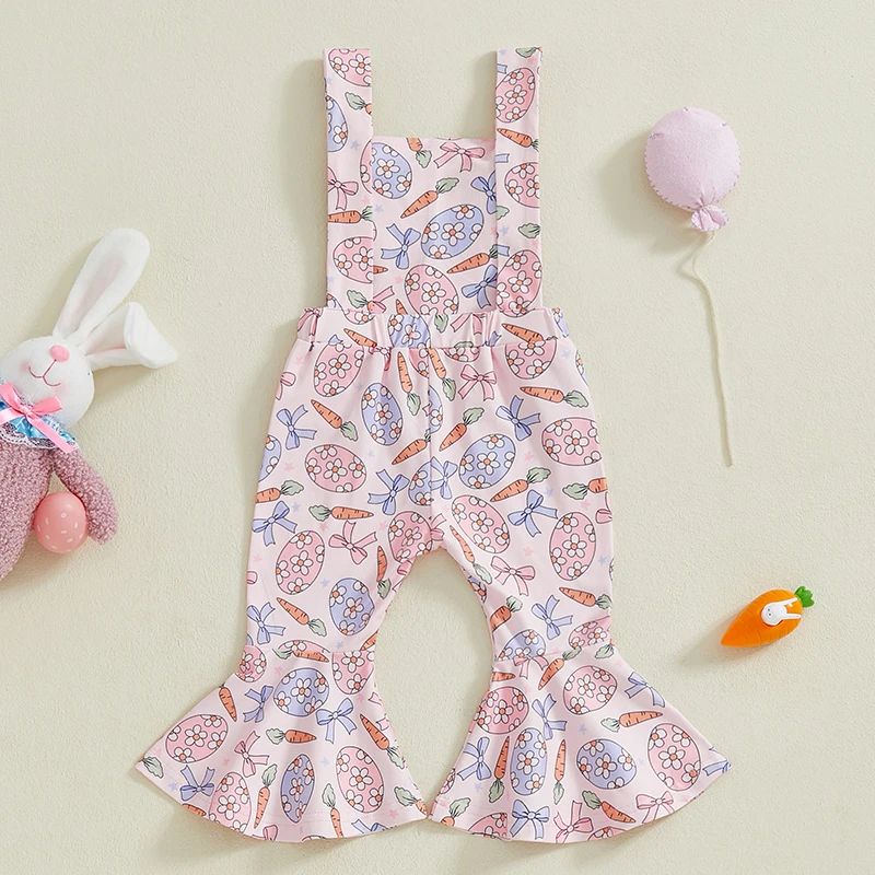 Cute Toddler Girls Easter Jumpsuit Easter Egg Bunny Bow Pattern Sleeveless Bell Bottom Flare Pants Baby Girls Romper Streetwear