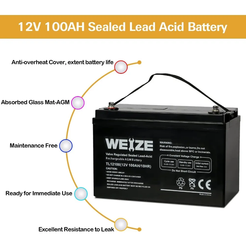 Weize Deep Cycle Agm 12 Volt 100ah Batterij, Onderhoudsvrij, 3% Zelfontladingssnelheid, 1150a Max Ontlaadstroom