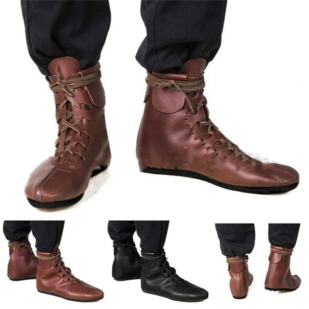 Renaissance Medieval Männer der Viking Prince Schuhe Vintage Braun Schnalle Leder Stiefel Kurze Flache Cosplay Pirate Zubehör Schuhe