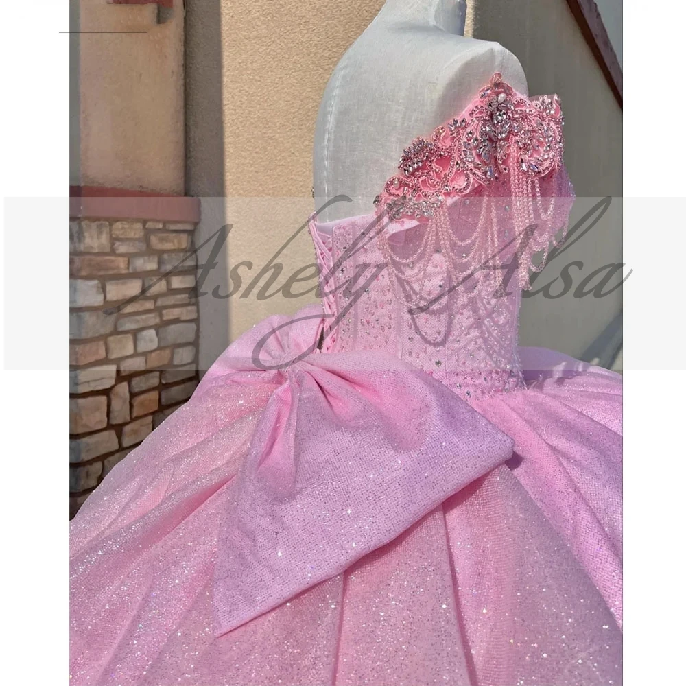 Custom Made Pink Princess Girl Quinceanera Dresses Off Shoulder Beading Lace Up Bow Vestido De xv Anos Sweet 15 16 Party Prom