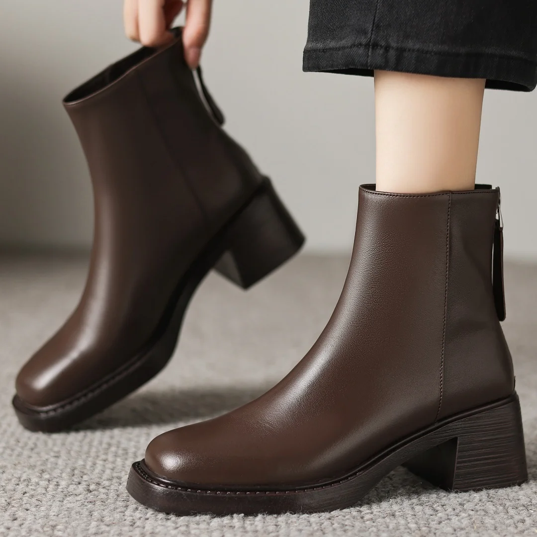 

Women's cow leather square toe back zip autumn ankle boots elegant ladies 6cm thick high heel OL style daily slim short booties