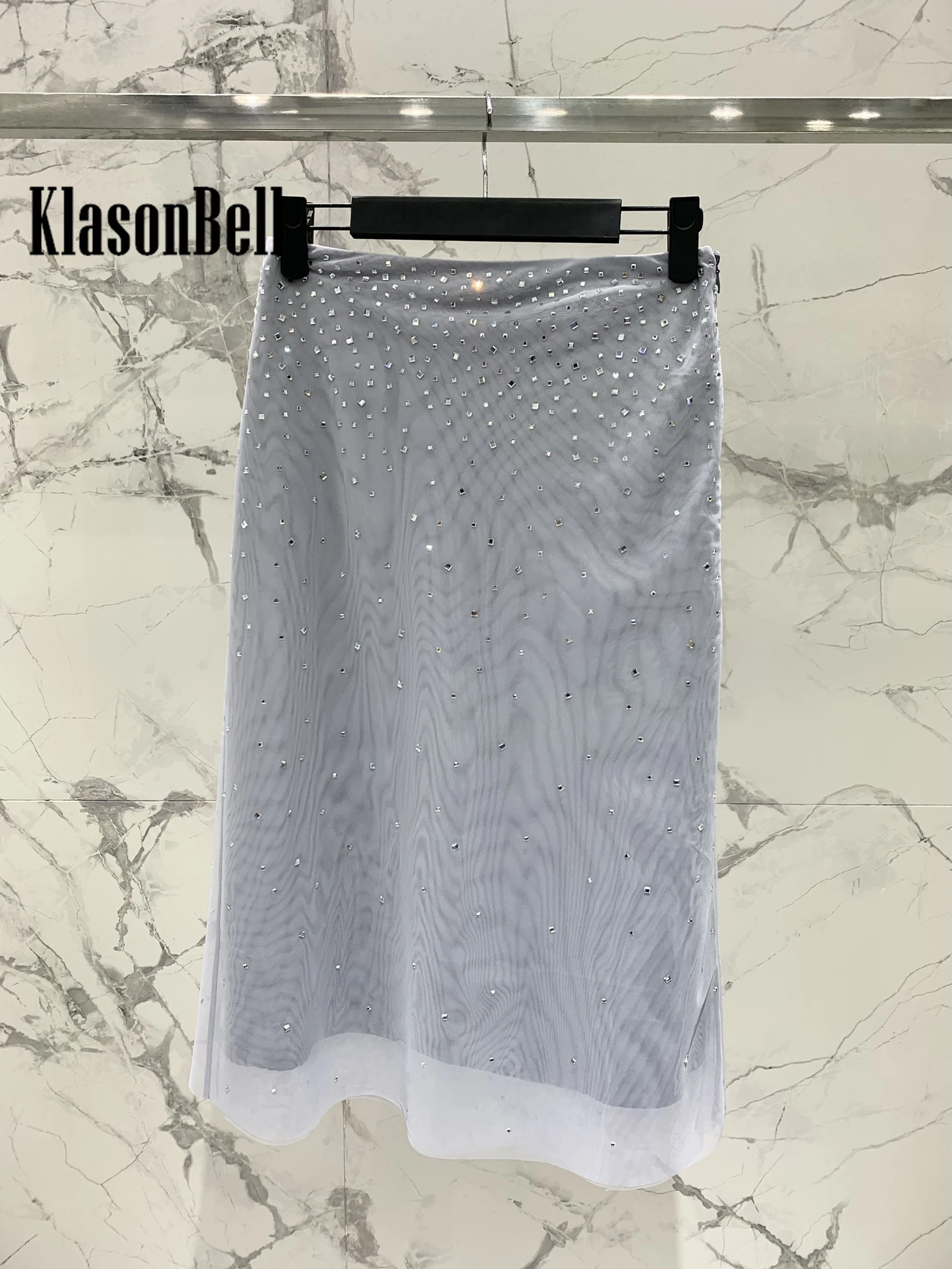 6.12KlasonBell-Women\'s Elegant High Waist A-Line Skirt, Bling Diamonds Mesh Skirt, Simple All-match,