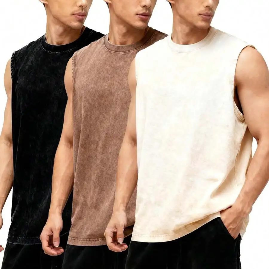 

Mens 3-Pack Sleeveless Cotton Vests Acid Washed Loose Fit Sport Tank Tops