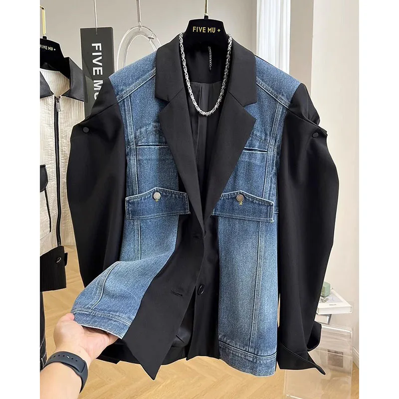 2024 New Fashion Spring Autumn Denim Splicing Blazer Women\'s Korean Long Sleeve Casual Elegant Ladies Suit Female Outerwear Tops