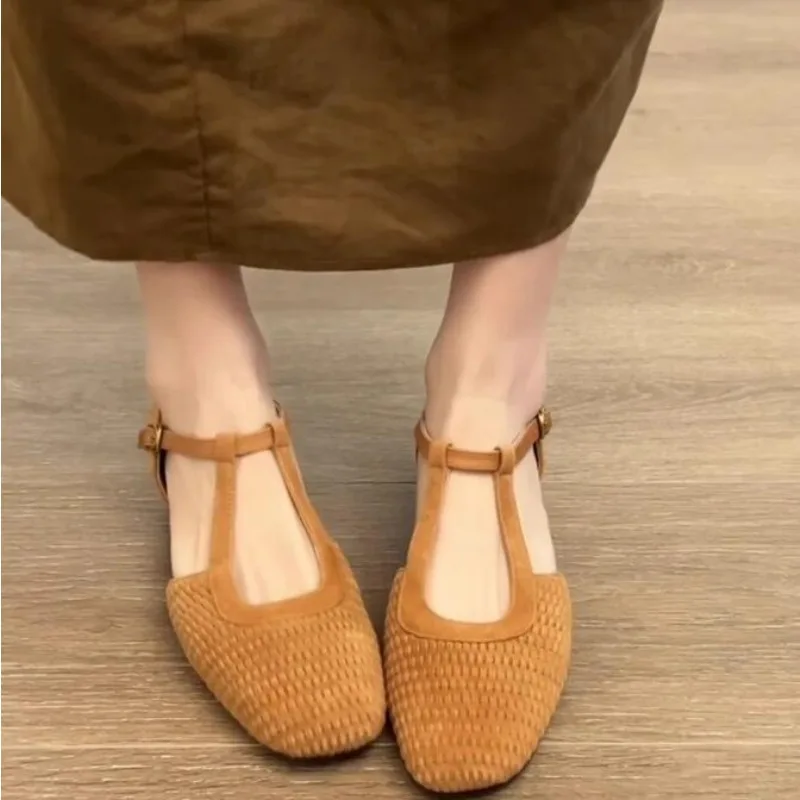 Retro Mesh Hollowed Women Sandals Back Strap Buckle Low Heel Shoes Woman Casual Fashion Versatile Breathable Fishnet Sandals