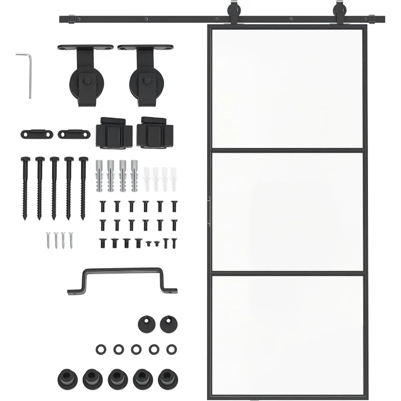 

Домашняя раздвижная дверь 36 x 84 дюйма с комплектом фурнитуры, ручкой и направляющей, промышленная дверь из матового закаленного стекла с углеродистой сталью,