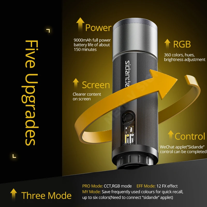 مصباح يدوي SIDANDE 12 وات PRO 3500-7000k RGB ضوء مدمج بطارية 9000 مللي أمبير في الساعة التحمل 150 دقيقة مخرج طاقة كامل #3