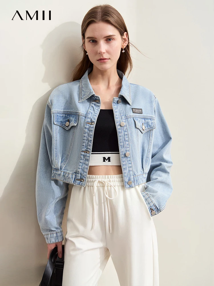 Amii Minimalism 2024 Autumn New Classic Women Denim Coats Lapel Drop Sleeve Short Loose Casual Fashion Female Jackets 12423027