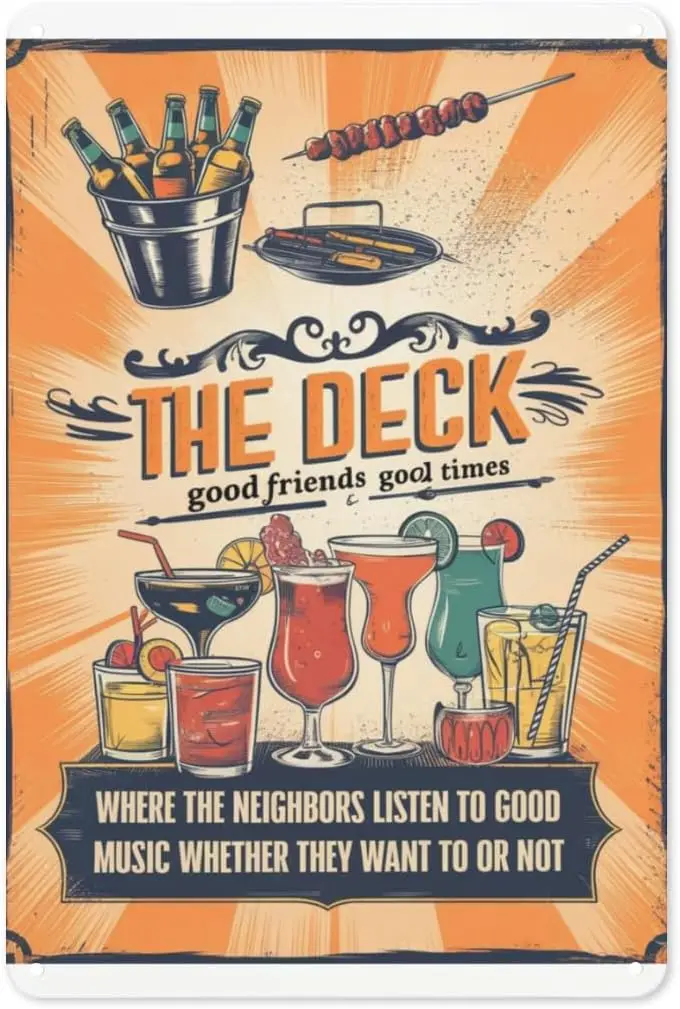 Backyard Grill Party Metal Sign 8X12IN Vintage Deck Plaque with Musical Note & BBQ Designs for Patio Entertaining and R sign