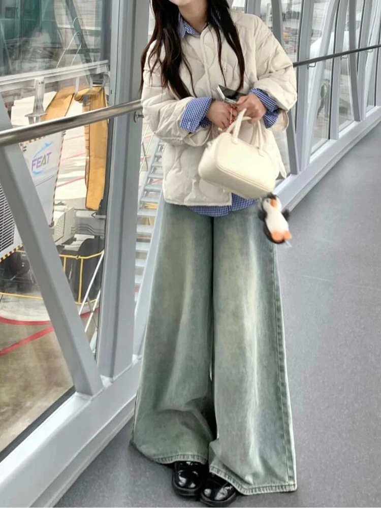 

Retro American Washed Wide Leg Jeans Women's Autumn Winter New Loose Slim High Waist Straight Tube Floor-Length Pants
