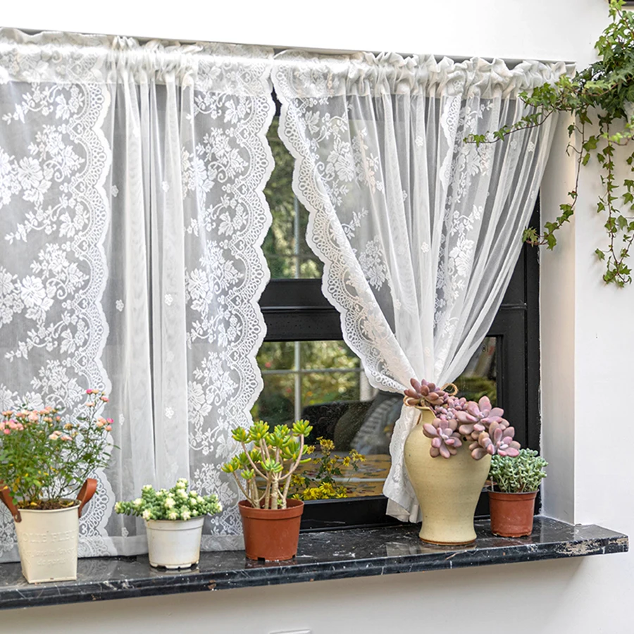 

White Lacework Wave Half Curtains for Living Room Multipurpose Partition Short Sheer for Valance Kitchen Door Window Drapes
