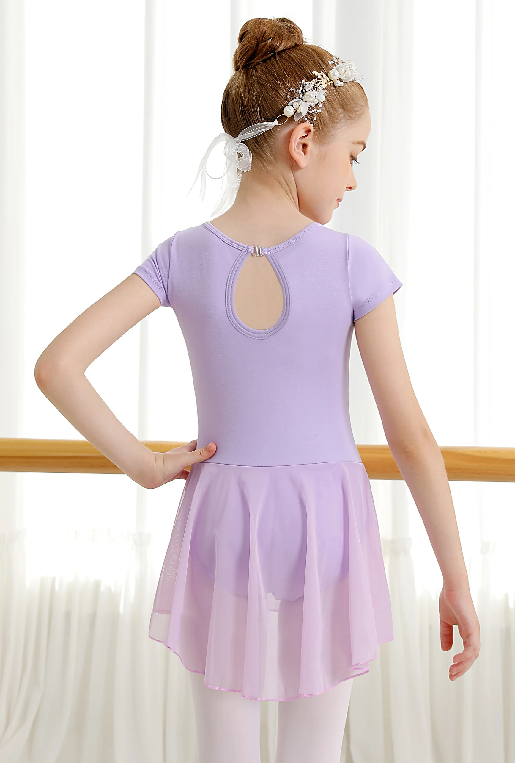 Body per balletto per ragazze per danza manica corta Water-drop Hollow Back Mesh gonna body da ballo (bambino/bambina/ragazza grande)