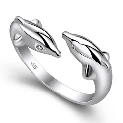 Silver Color Double Dolphin Love Rings for Women Couple Ring Statement Party Jewelry Accessories Gifts