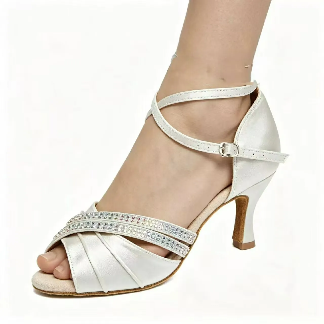 Women's Rhinestone Satin Latin Dance Shoes Ankle Strap 7cm Peep Toe Soft Suede Sole Salsa Tango Wedding Ballroom Dance Sandals