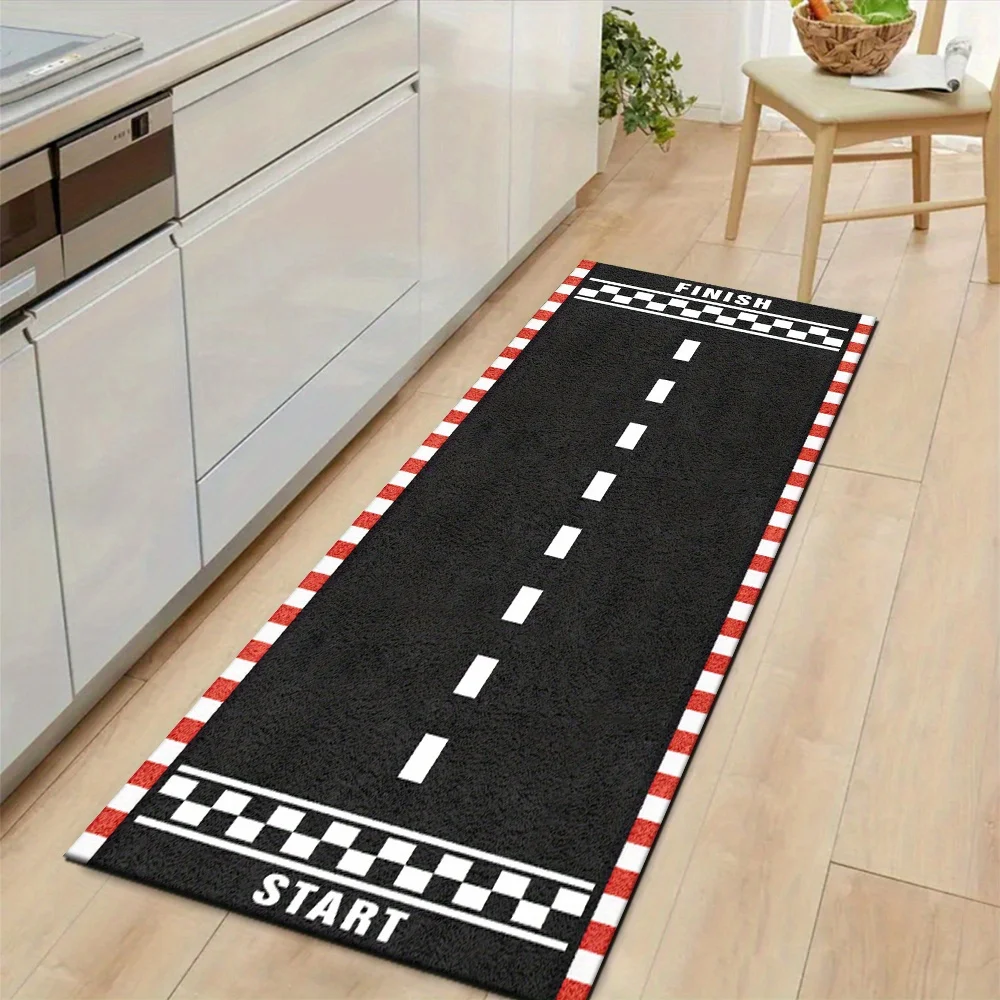 Black Race Track Print Start Finish Checkered Flag Red White Border Graphic Long Runner Rug Boys Room Hallway Kitchen Entry Rug
