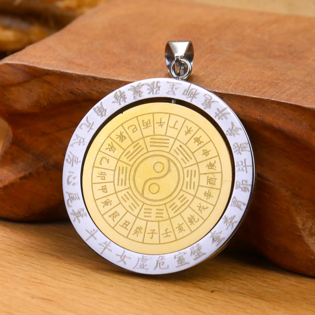 Stainless Steel Rotatable Buddhist Om Mani Padme Hum Round Pendant Taoism Yin-Yang Ba-Gua 12 Zodiac Amulet Necklace Jewelry Gift