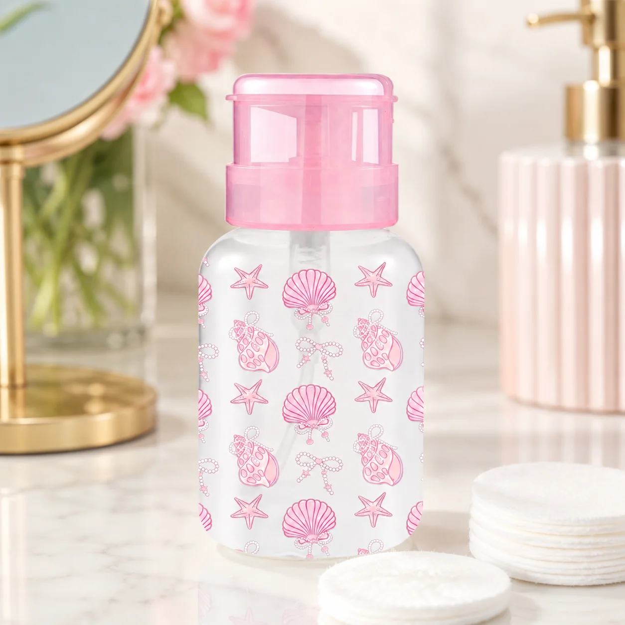 220ml Pink Shell Print Pump Dispenser Bottle Refillable Travel Container for Toner Makeup Remover Cotton Pads Nail Salon Women view 3