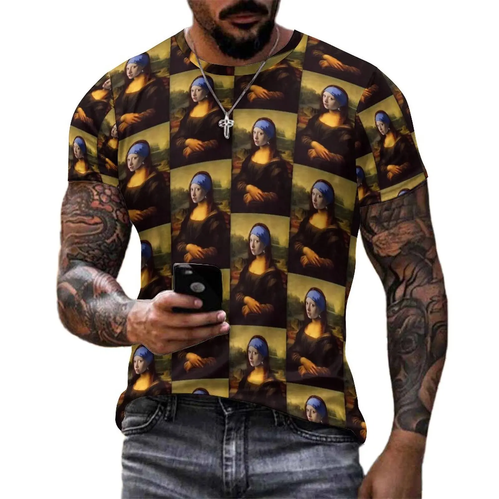 Mona Lisa with A Pearl Earring T-Shirt Funny Cool T-Shirts Man Casual Tshirt Summer Short Sleeves Graphic Tees 4XL 5XL 6XL