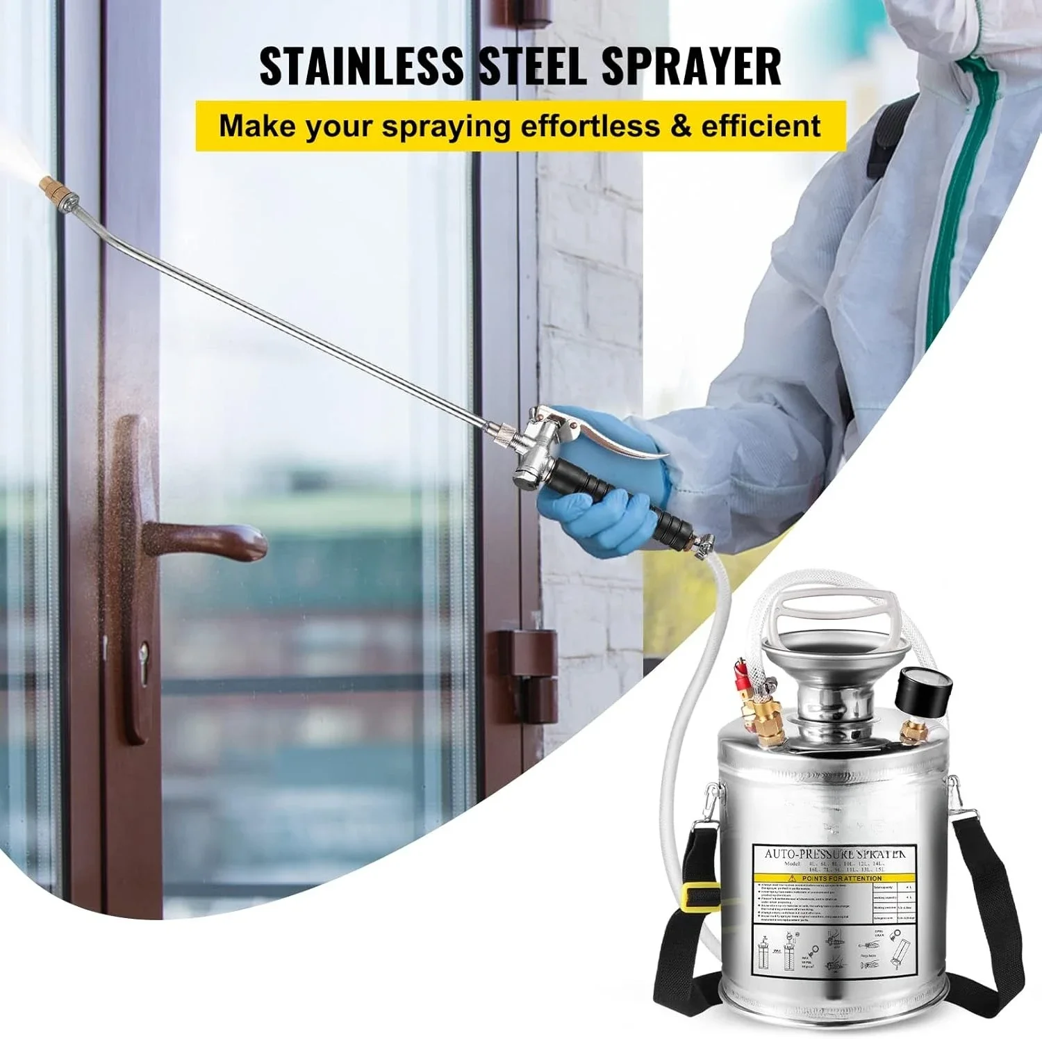 

1 Gallon Stainless Steel Pump Sprayer, 12" Wand & 3FT Reinforced Hose, Pressure Gauge, Safety Valve & Adjustable Nozzle