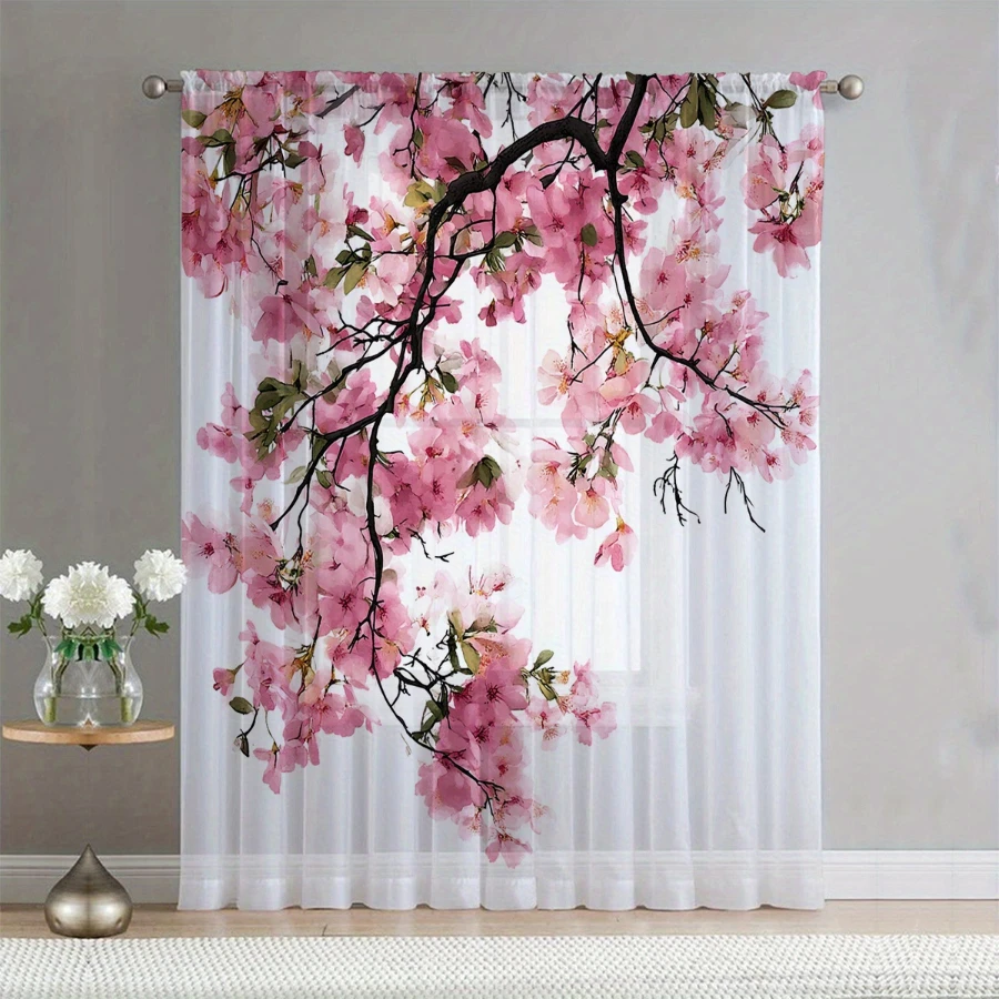 2PCS Digital Print Sheer Curtain, Cherry Blossom Spring Scenery Pattern, Fresh Romantic Japanese Floral Garden Style Decor