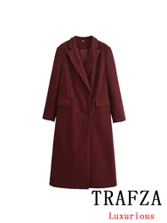 TRAFZA Vintage Casual Chic Women Overcoat Solid Turn-down Collar Oversized Long Jackets Fashion 2024 Autumn Winter Thick Coats