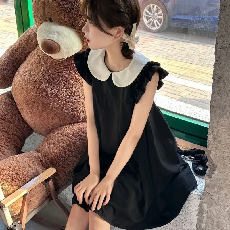 

Peter Pan Collar Dresses Women Summer 2024 New Flying Sleeve Solid Color Loose Korean Style Sweet Daily Versatile Dress Female