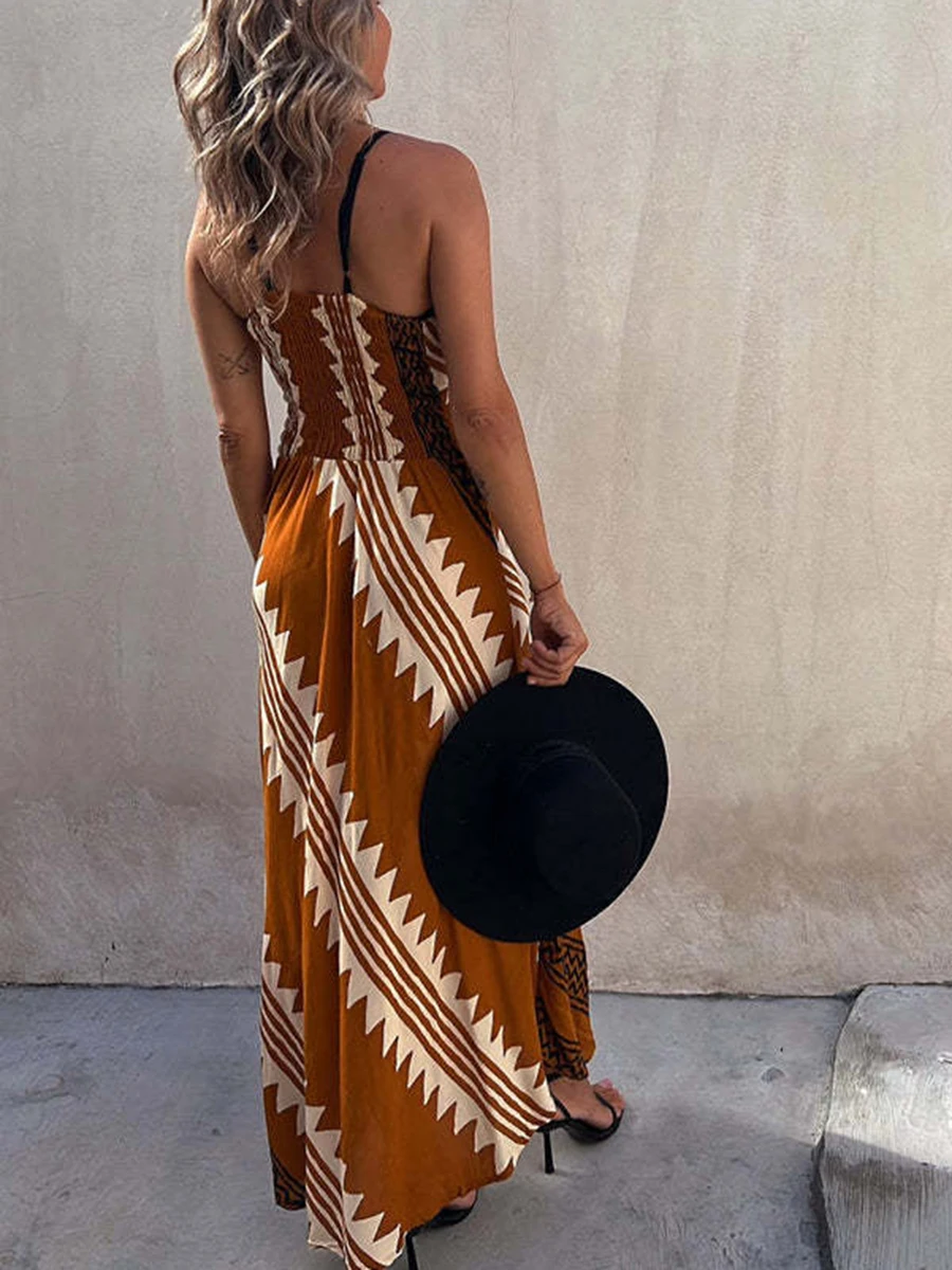 هندسية مطبوعة مثير المرأة ماكسي فساتين أكمام الخامس الرقبة ألف خط حمالة السيدات Vestidos موضة فستان طويل غير رسمي للمرأة