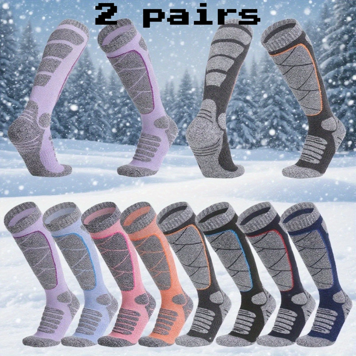 2 pcs Winter Warm Ski Socks Anti-slip Thickened Breathable Compression Snowboard Socks Thermal Moisture-wicking Knee High Socks
