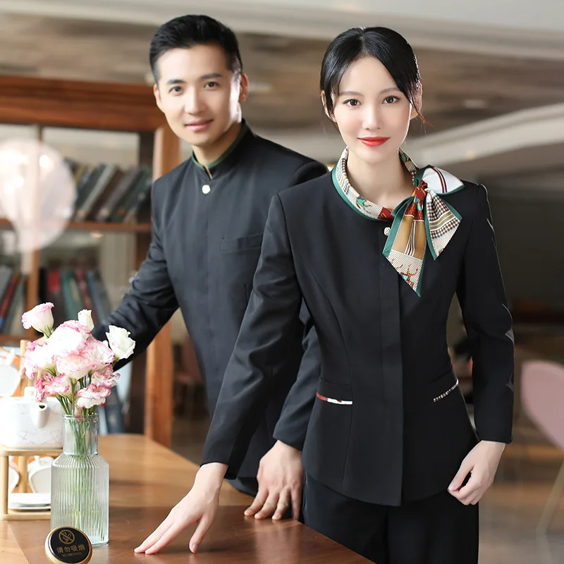 

Hotel Waiter Workwear Long Sleeve Women's Chinese Hot Pot Restaurant Front Office Tooling Breathable Printed Embroide