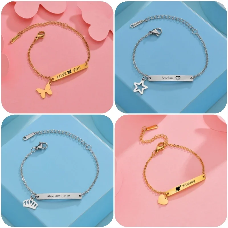 Personalized Stainless Steel Baby Custom Name Bracelet for Boy Girl Kids Laser Engrave Newborn Bangle Birthday Gift