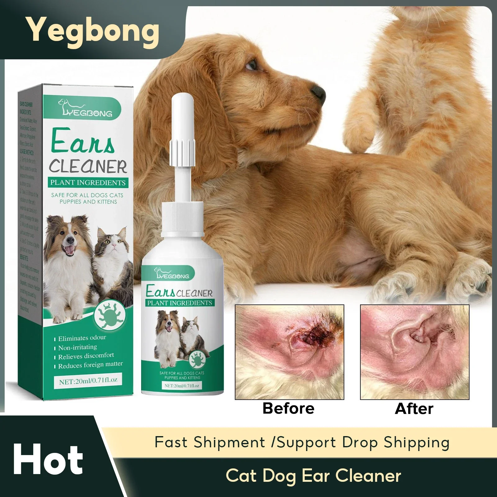 Cat Dog Ear Cleaner Pet Ear Drops Yeast Mites Infectiones Control Odor Removal Relieves Itching Anti Inflammatory Pet Ear Washer