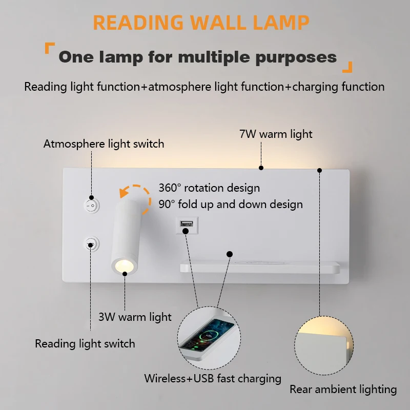 Imagem -02 - Lâmpada de Parede Led Multifuncional para Decoração Interface Usb Carregamento sem Fio Simples Criativo Moderno Iluminação Interior