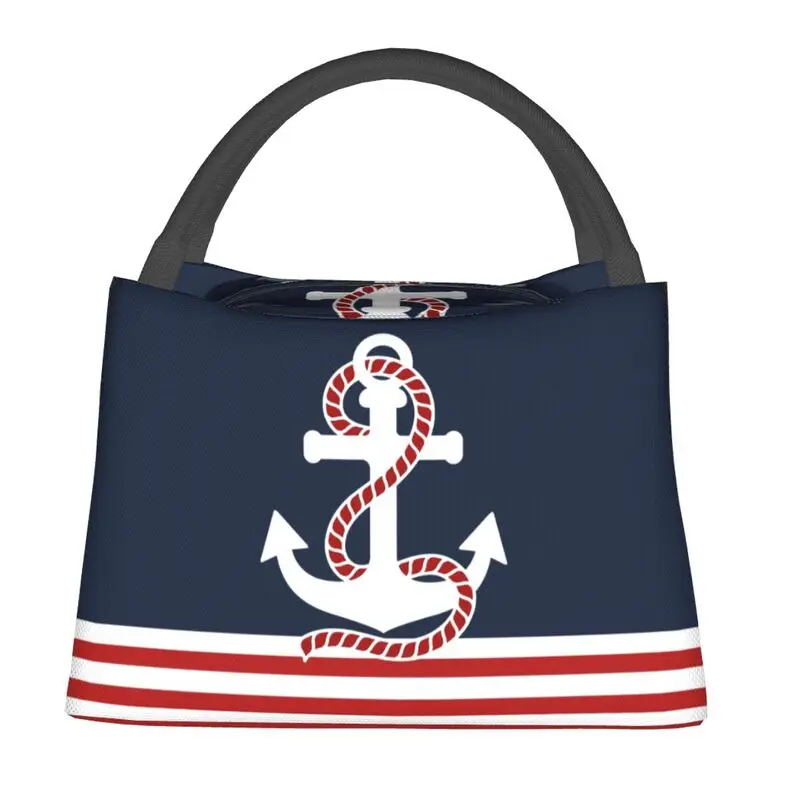 Custom Nautical Stripes And Red Anchor Thermal Insulated Lunch Bag Sailing Sailor Resuable Lunch Tote for Storage Meal Food Box