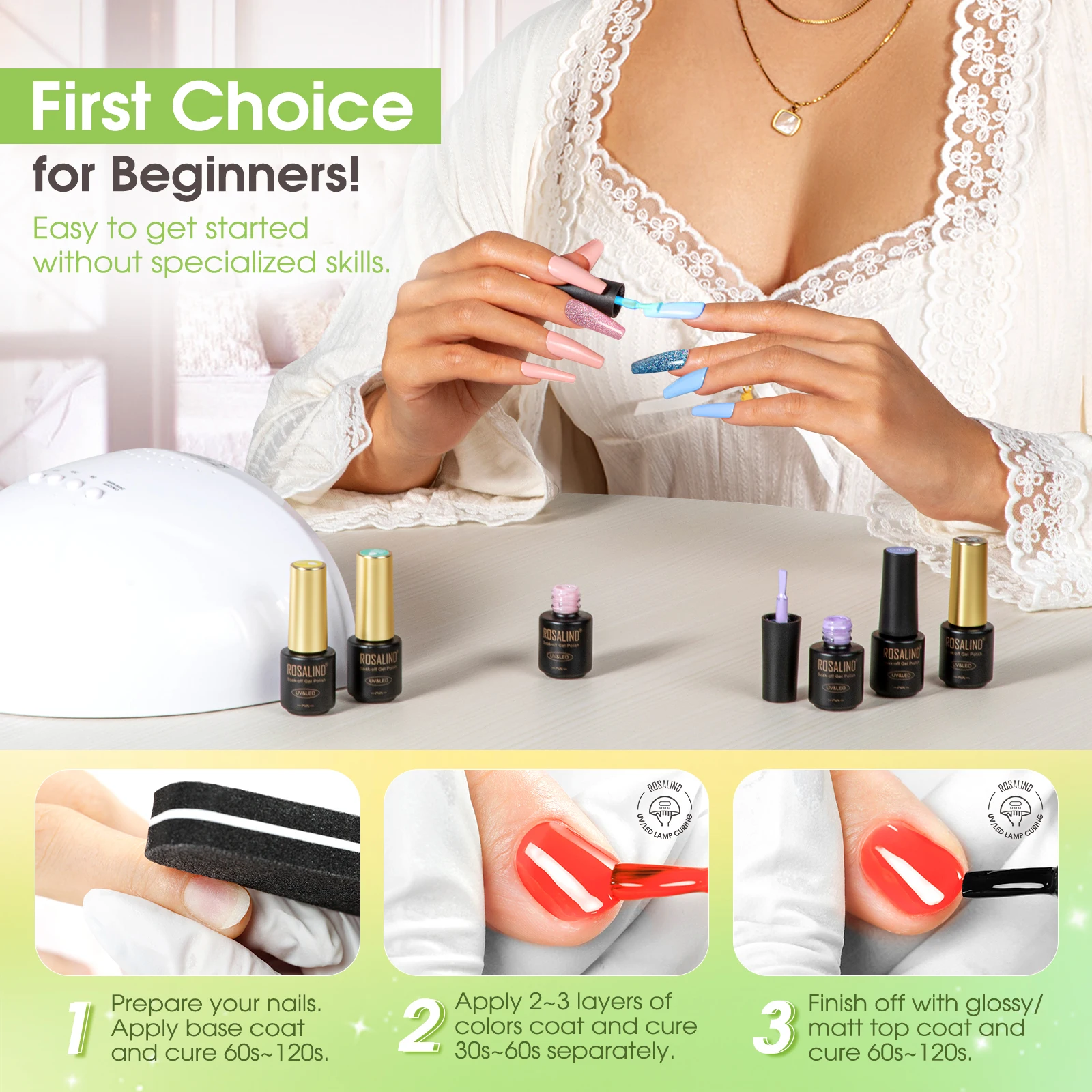 ROSALIND Zestaw Żeli do Paznokci Pure Colors, Zestaw Lakierów Hybrydowych, Baza, Top Coat, Półtrwały Lakier Hybrydowy Soak Off, 23 sztuki, Zestaw Prezentowy